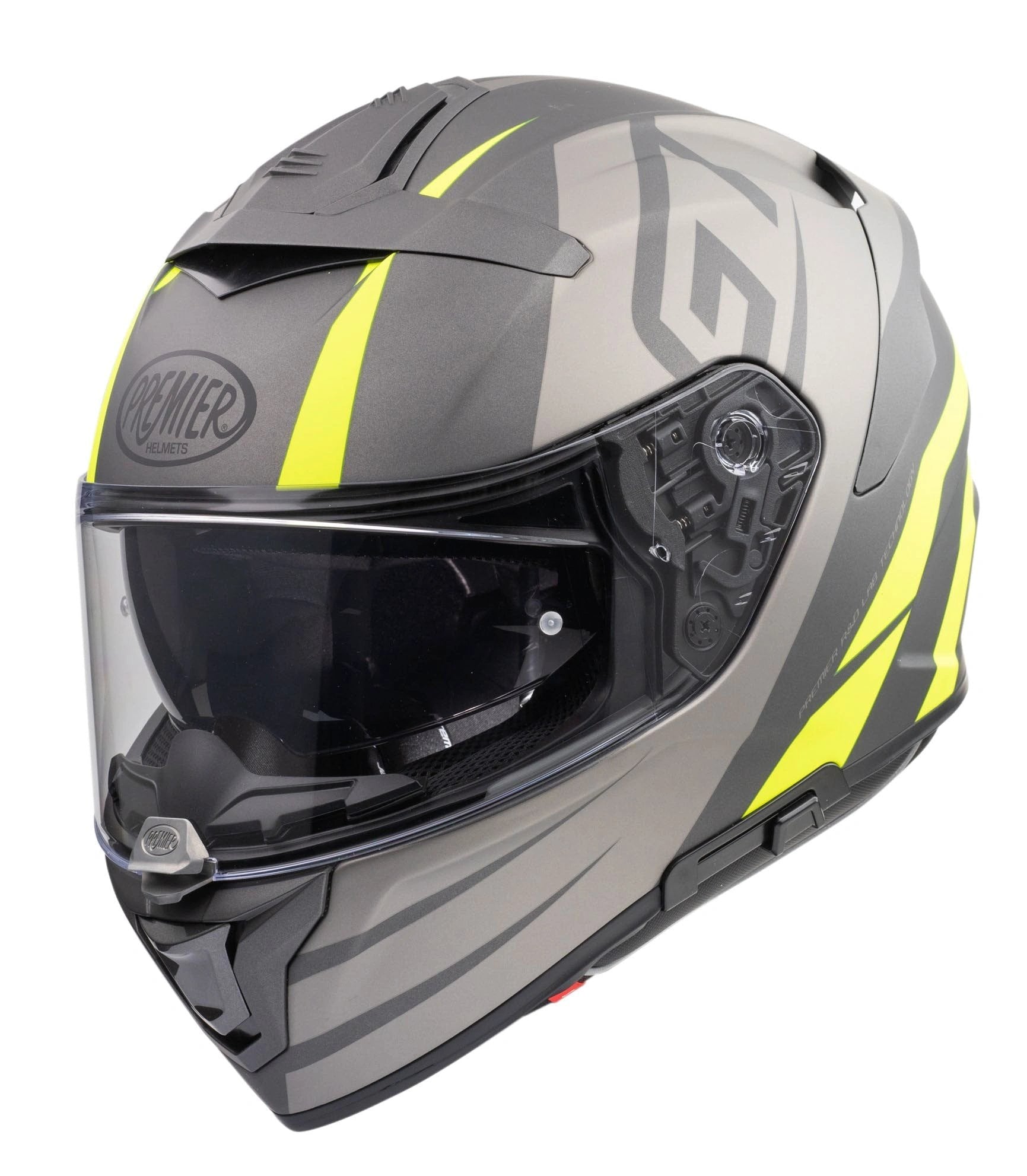 Premier Devil GT Y BM helmet, gray with neon-yellow accents, full-face motorcycle helmet