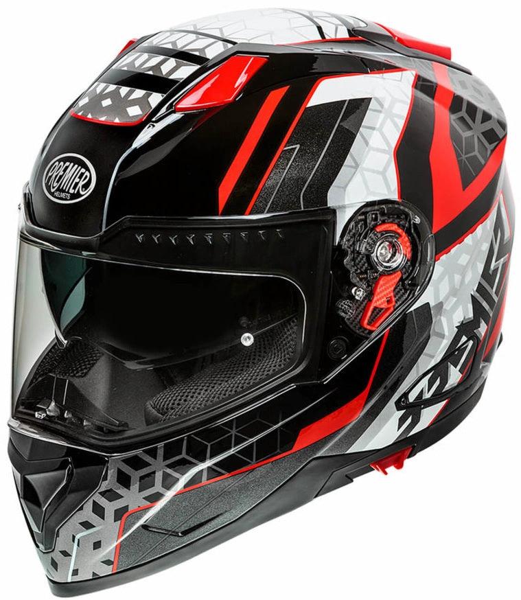 Premier Vyrus EM 92 BM full-face helmet in black, red, white geometric graphics with clear visor.
