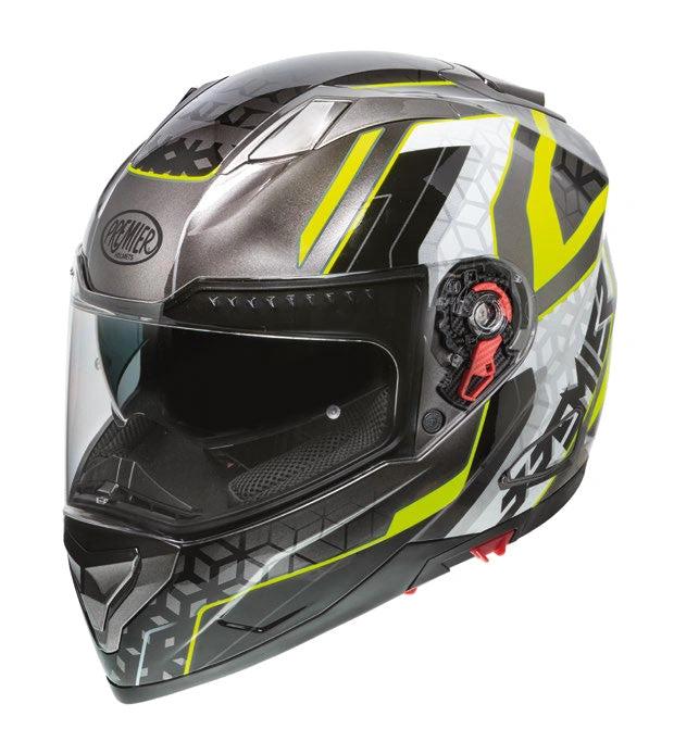 Premier Vyrus EM Y 17 full-face motorcycle helmet with neon yellow gray geometric graphics on black