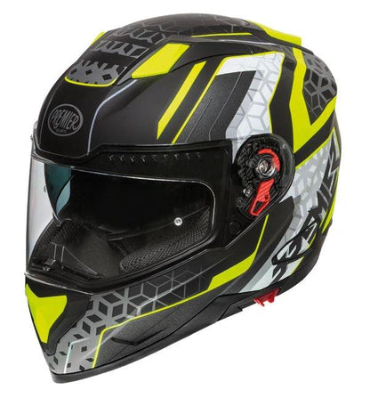 Premier Vyrus EM Y 9 BM helmet; black shell with neon yellow and gray geometric graphics and clear visor.