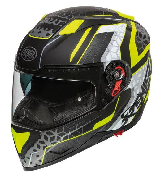 Premier Vyrus EM Y 9 BM helmet; black shell with neon yellow and gray geometric graphics and clear visor.