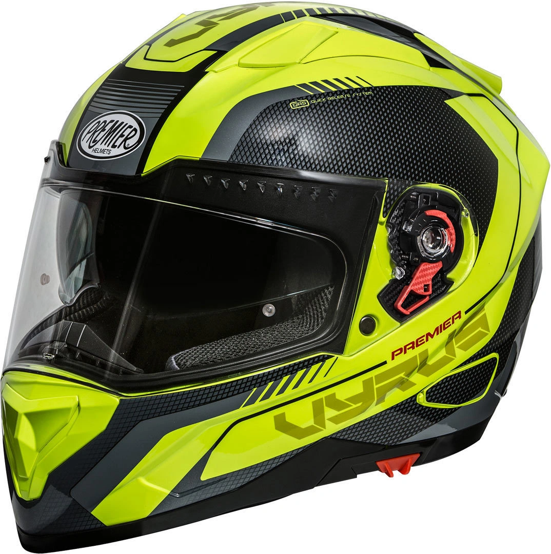 Premier Helmets Vyrus MP Fluo full-face motorcycle helmet in neon yellow with black graphics