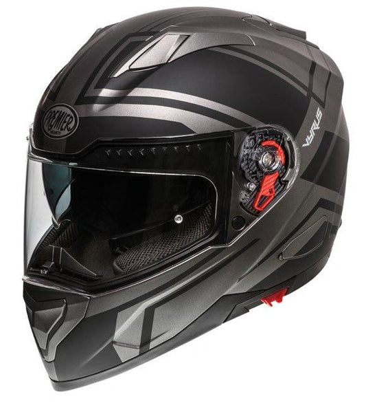 Premier Vyrus ND 17 BM helmet in matte black with gray geometric graphics and red side latch