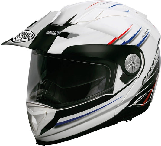 Premier X-Trail MO 1 white full-face helmet with dark visor and red/blue graphics