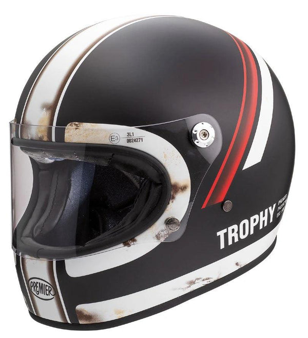 Premier Trophy helmet, black with white and red stripes, clear visor