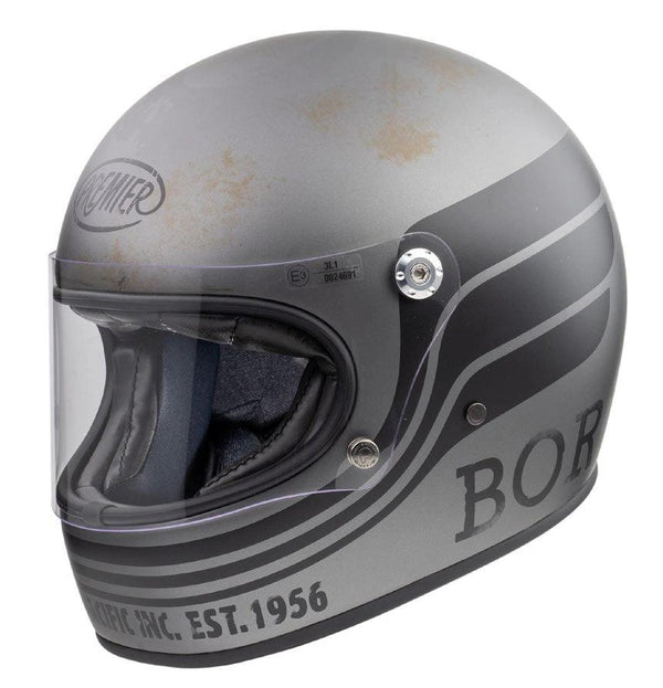 Premier Trophy BTR 17 BM full-face helmet in silver with black stripes and clear visor