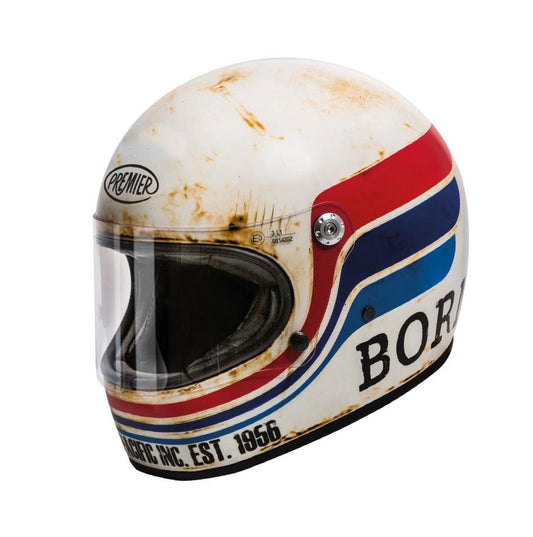Premier Trophy BTR 8 BM helmet, white racing helmet with red and blue stripes and weathered finish.