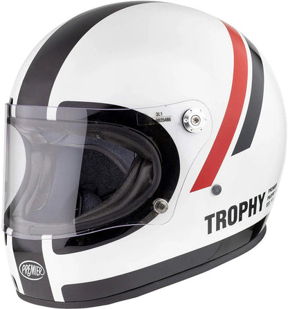 Premier Trophy DO 8 helmet; white full-face motorcycle helmet with black and red racing stripes and clear visor.