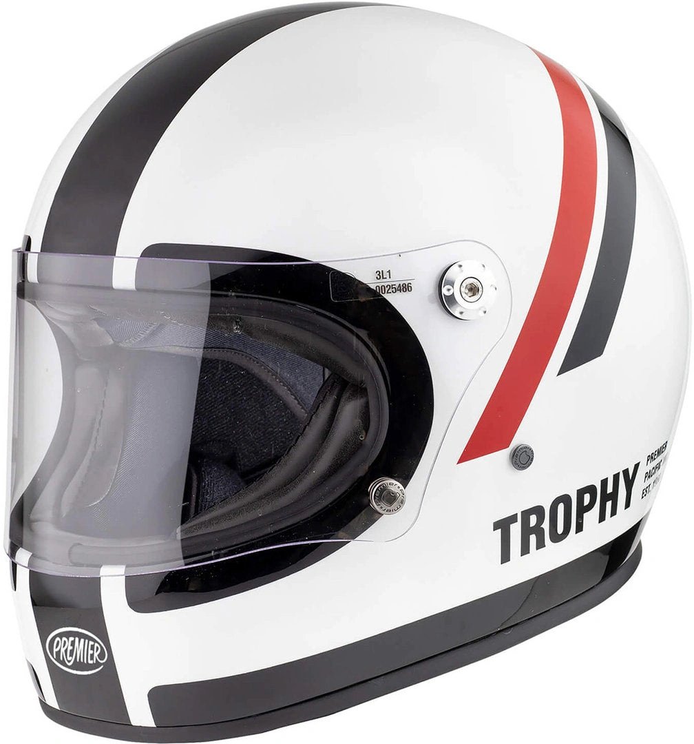 Premier Trophy DO 8 full-face helmet in white with black and red racing stripes, clear visor.