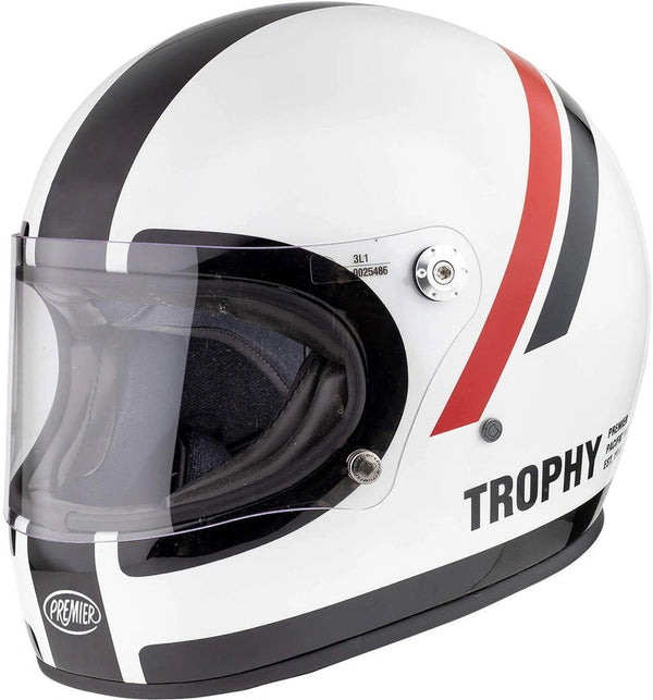 Premier Trophy DO 8 full-face helmet in white with black and red racing stripes, clear visor.