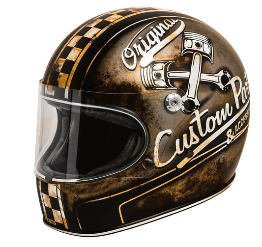 Premier Trophy OP 9 BM helmet, brown/gold distressed graphic with checkered accents and clear visor