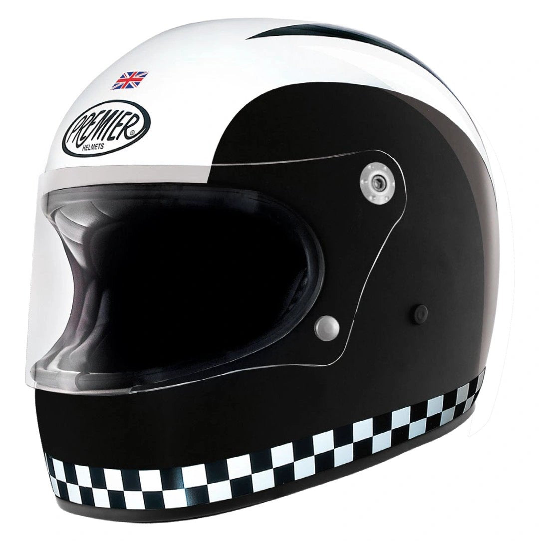 Premier Helmets Trophy Retro helmet with white shell, black visor area and checkered base band