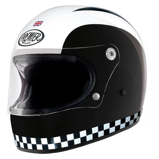 Premier Helmets Trophy Retro helmet with white shell, black visor area and checkered base band