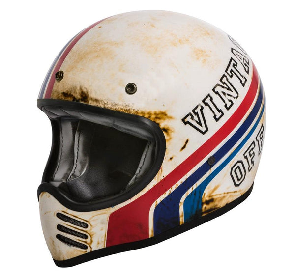Premier MX helmet BTR 8 BM, white distressed finish with red and blue racing stripes