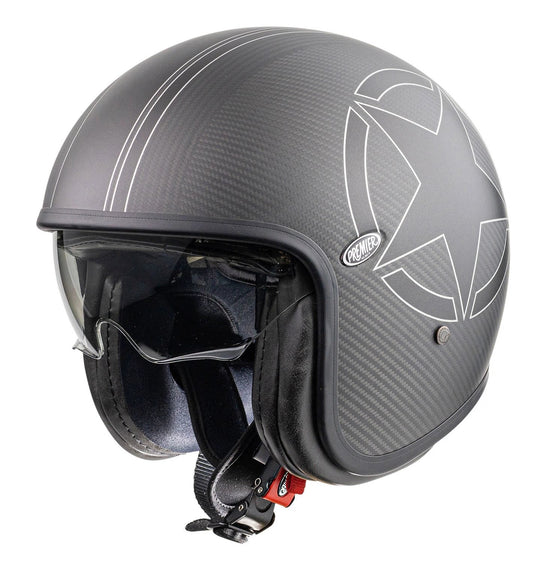 Premier Vintage Evo Star Carbon helmet in dark gray with carbon-fiber texture and star graphic