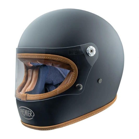 Premier Helmets Vintage Trophy Platinum ED helmet, navy with tan leather trim and clear visor