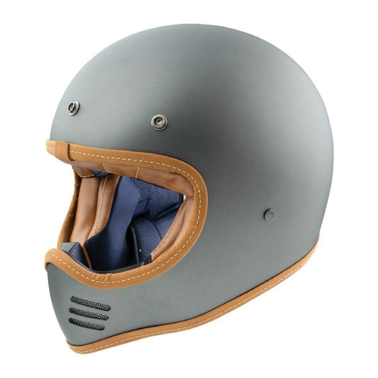 Premier Vintage MX helmet with matte gray shell, tan leather trim, blue interior.