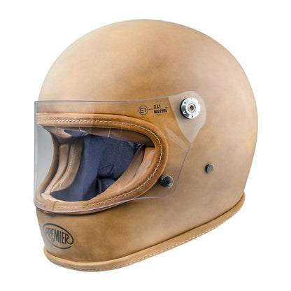Premier Vintage Trophy helmet with clear visor in tan leather finish