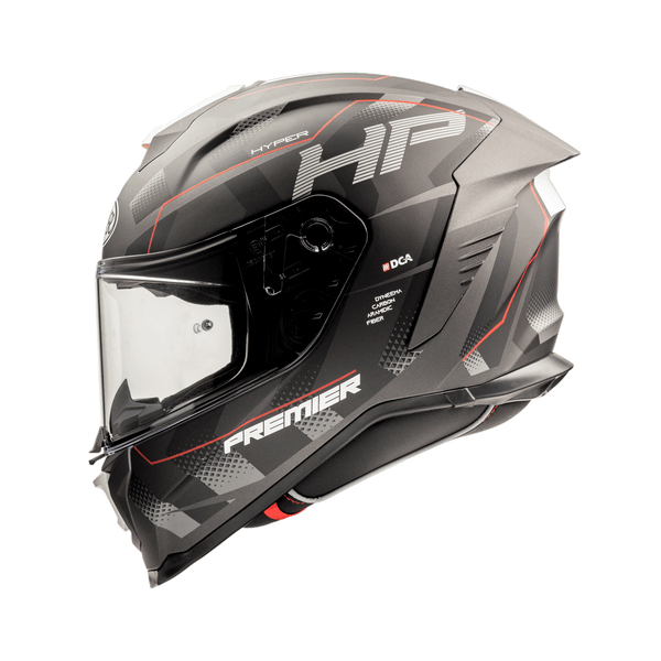 Premier Hyper HP92 BM motorcycle helmet in dark gray/black with red graphics and clear visor
