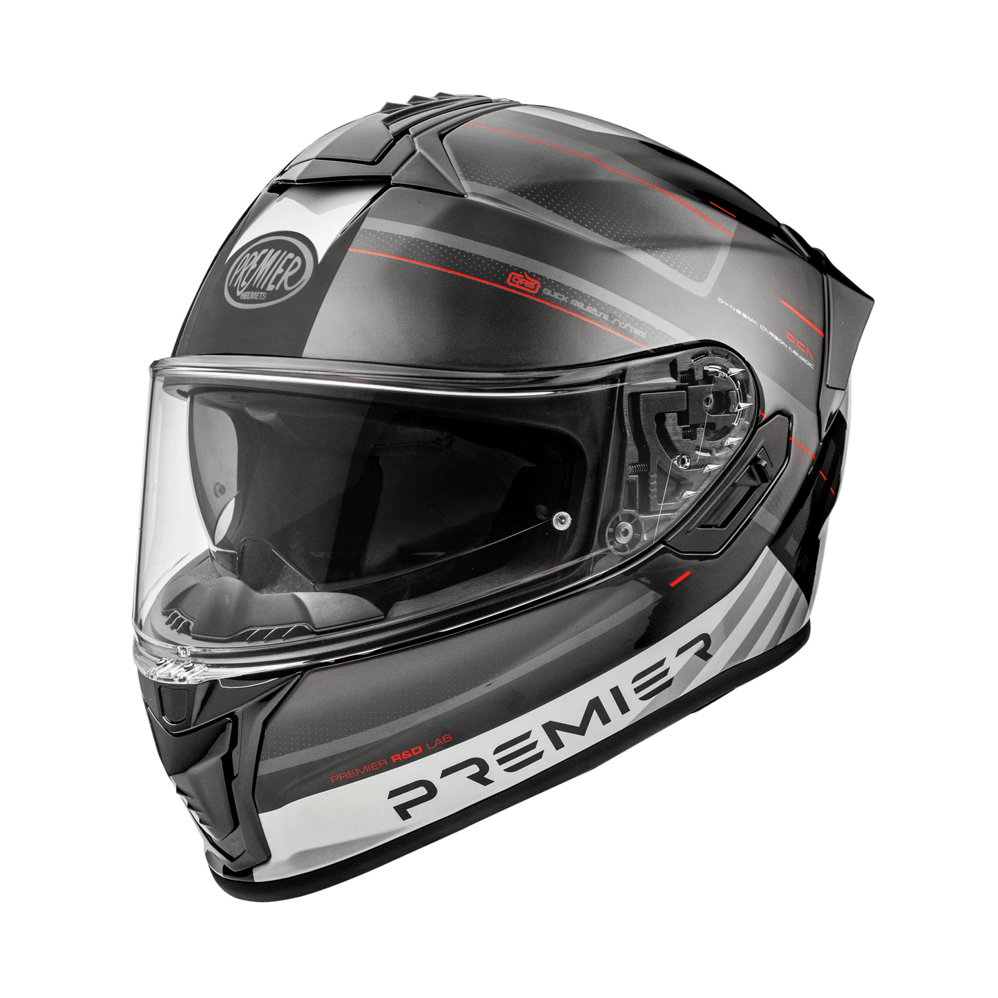 Premier Evoluzione SP 92 full-face helmet in black and grey with red accents
