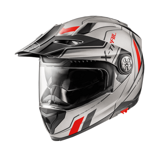 Premier XTrail XT17 BM full-face helmet in silver with red graphics and dark visor