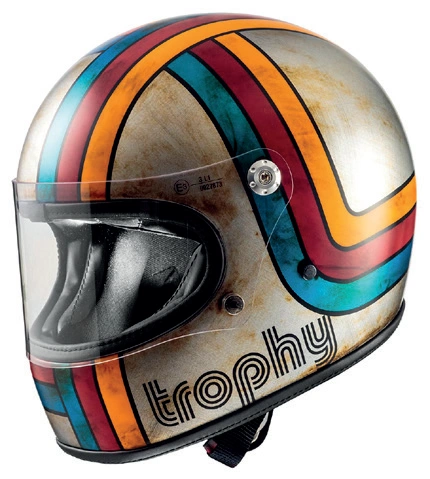 Premier Trophy helmet, platinum with multicolor retro stripes, full-face design with clear visor and glossy finish