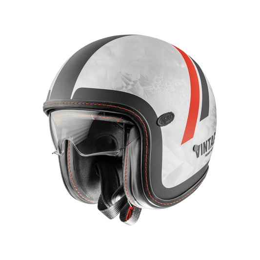 Premier Vintage Platinum open-face helmet with red stripe and black trim.