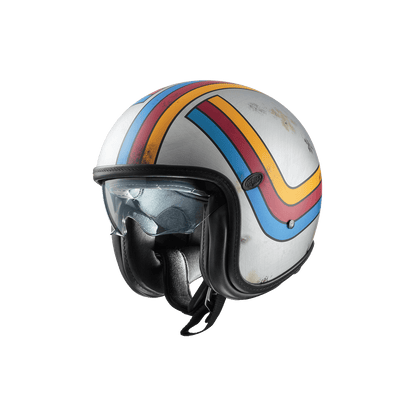 Premier Helmets Vintage Platinum ED. EX 77 BM helmet with white base and blue, red, orange, and yellow rainbow stripes