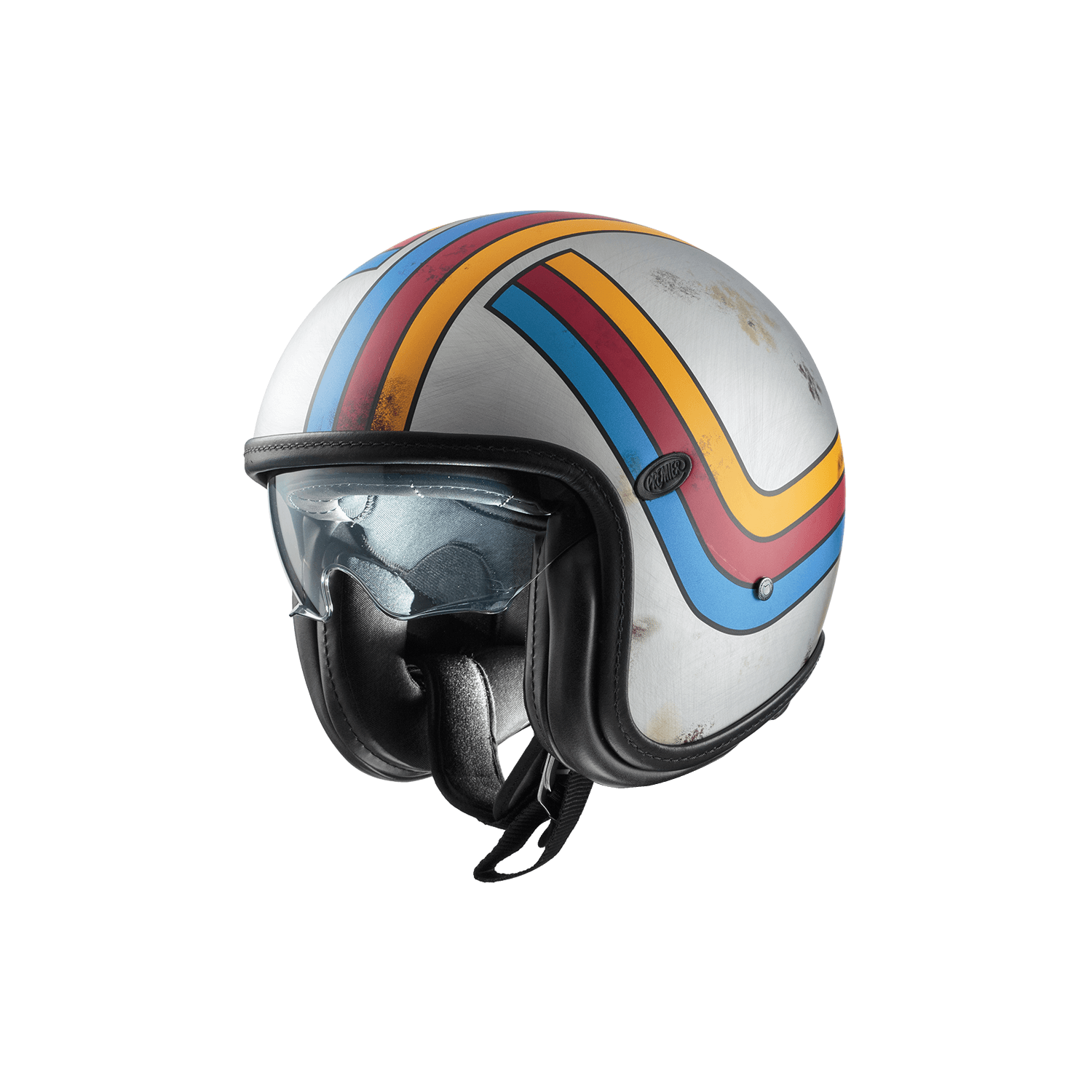 Premier Helmet Vintage Platinum ED. EX 77 BM; silver shell with rainbow stripes, black leather trim