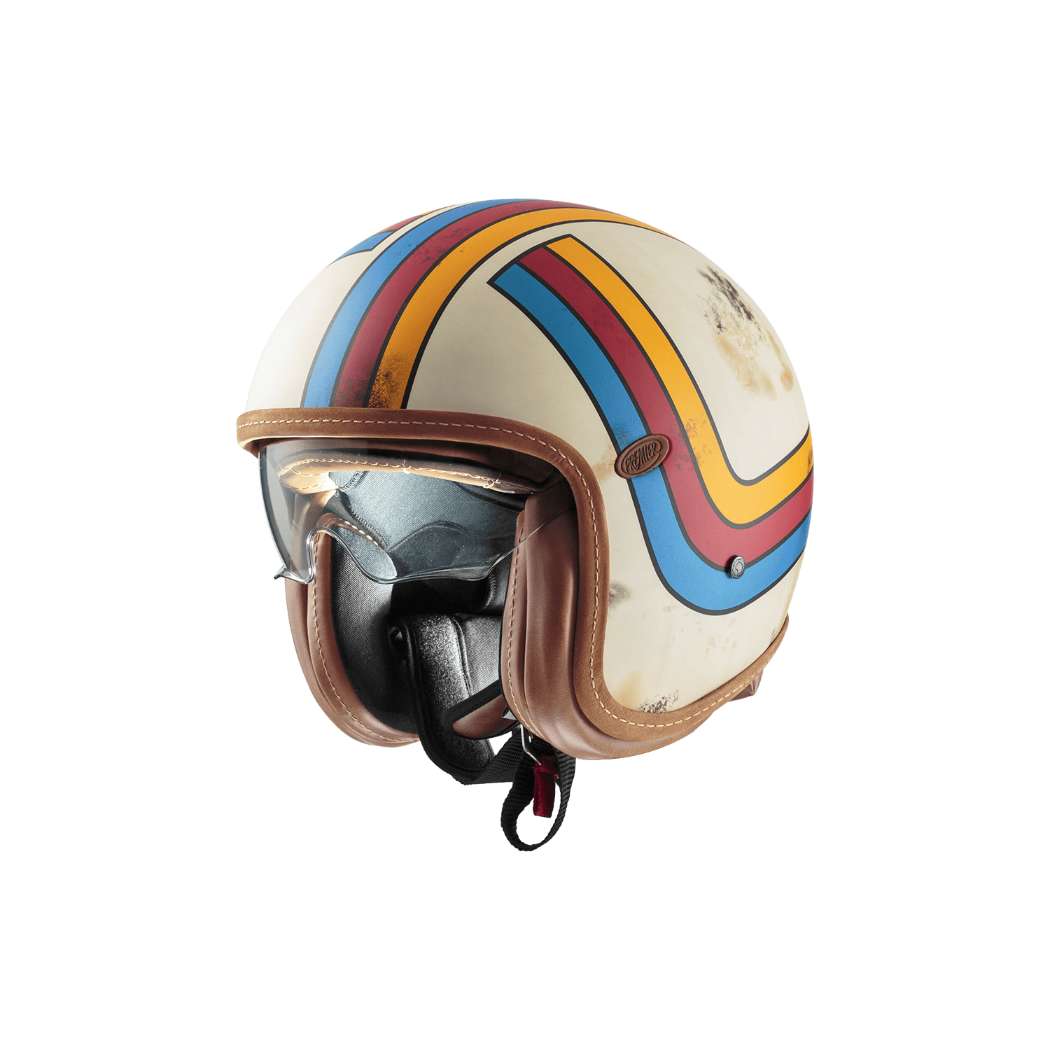 Premier vintage open-face helmet in cream with multicolor rainbow stripes and brown leather trim.