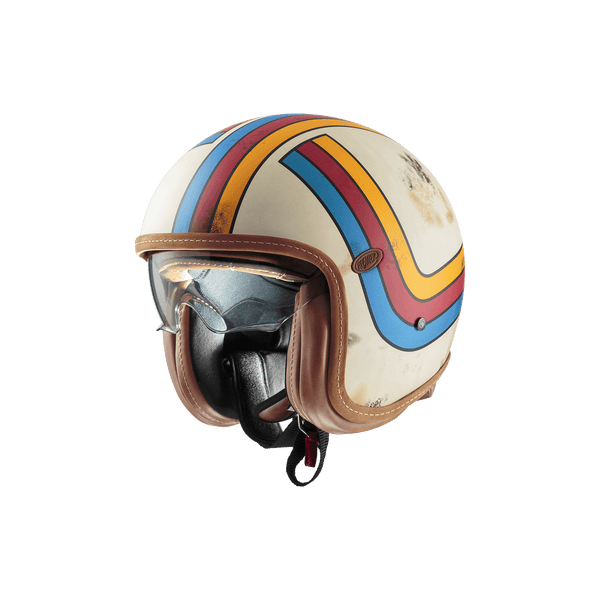 Premier vintage open-face helmet in cream with multicolor rainbow stripes and brown leather trim.