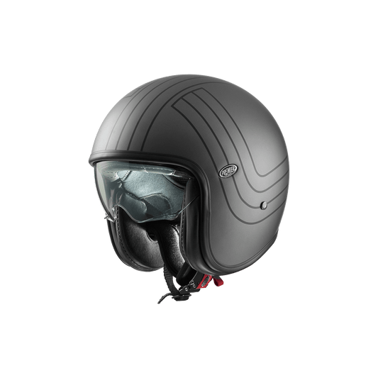 Premier Vintage EX 17 BM helmet in matte gray with retro stripe graphics and clear face shield