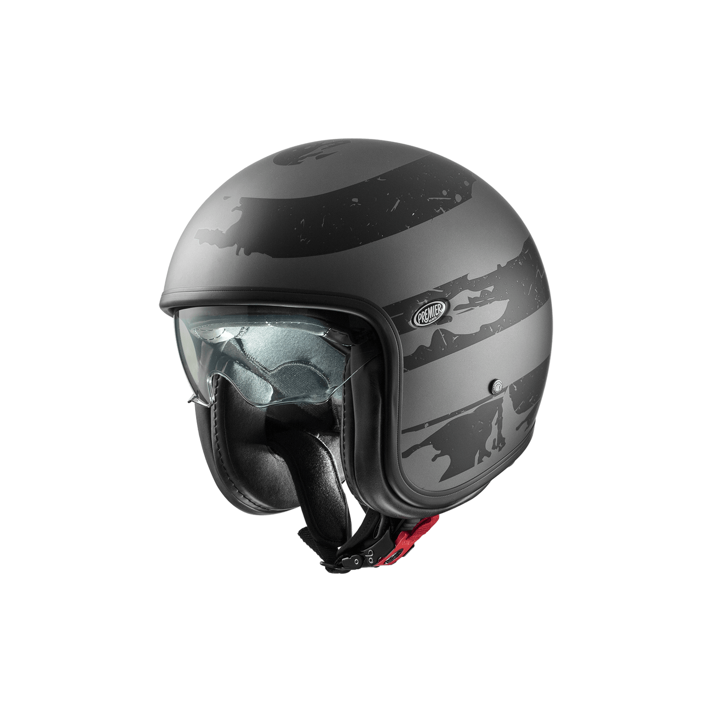 Premier Helmets Vintage US 17 BM helmet, matte gray with black graphic stripes, open-face with clear visor