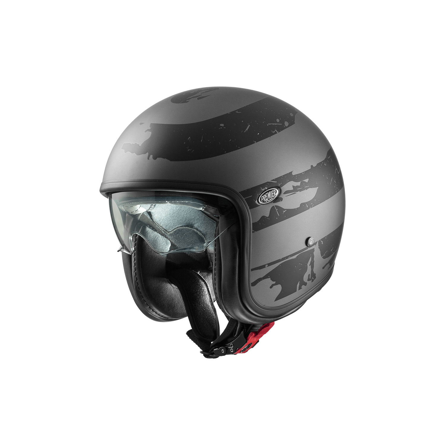 Premier Helmets Vintage US 17 BM helmet, matte gray with black graphic stripes, open-face with clear visor
