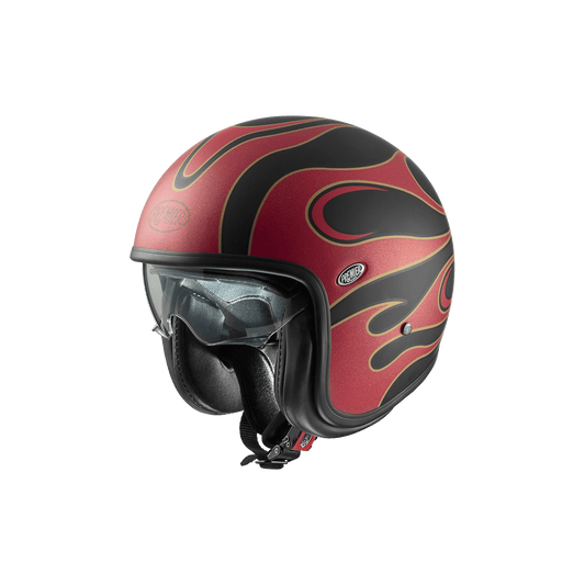 Premier Vintage FR 2 BM helmet with red flame graphics and clear visor