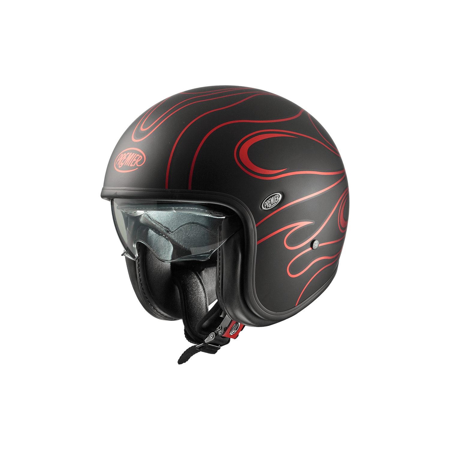 Premier Vintage FR helmet with red flame graphics on a black matte shell