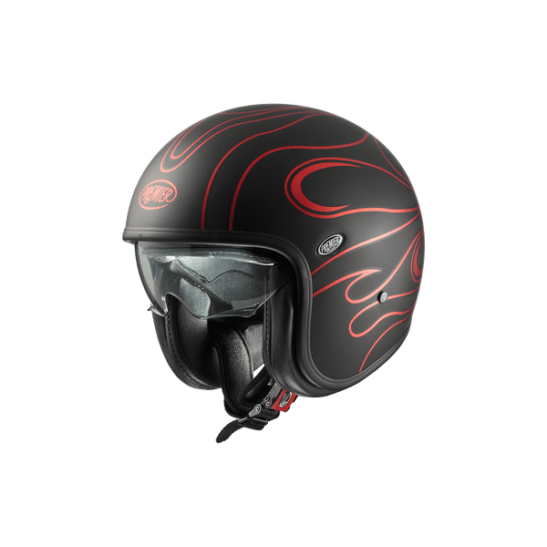 Premier Vintage FR helmet with red flame graphics on a black matte shell