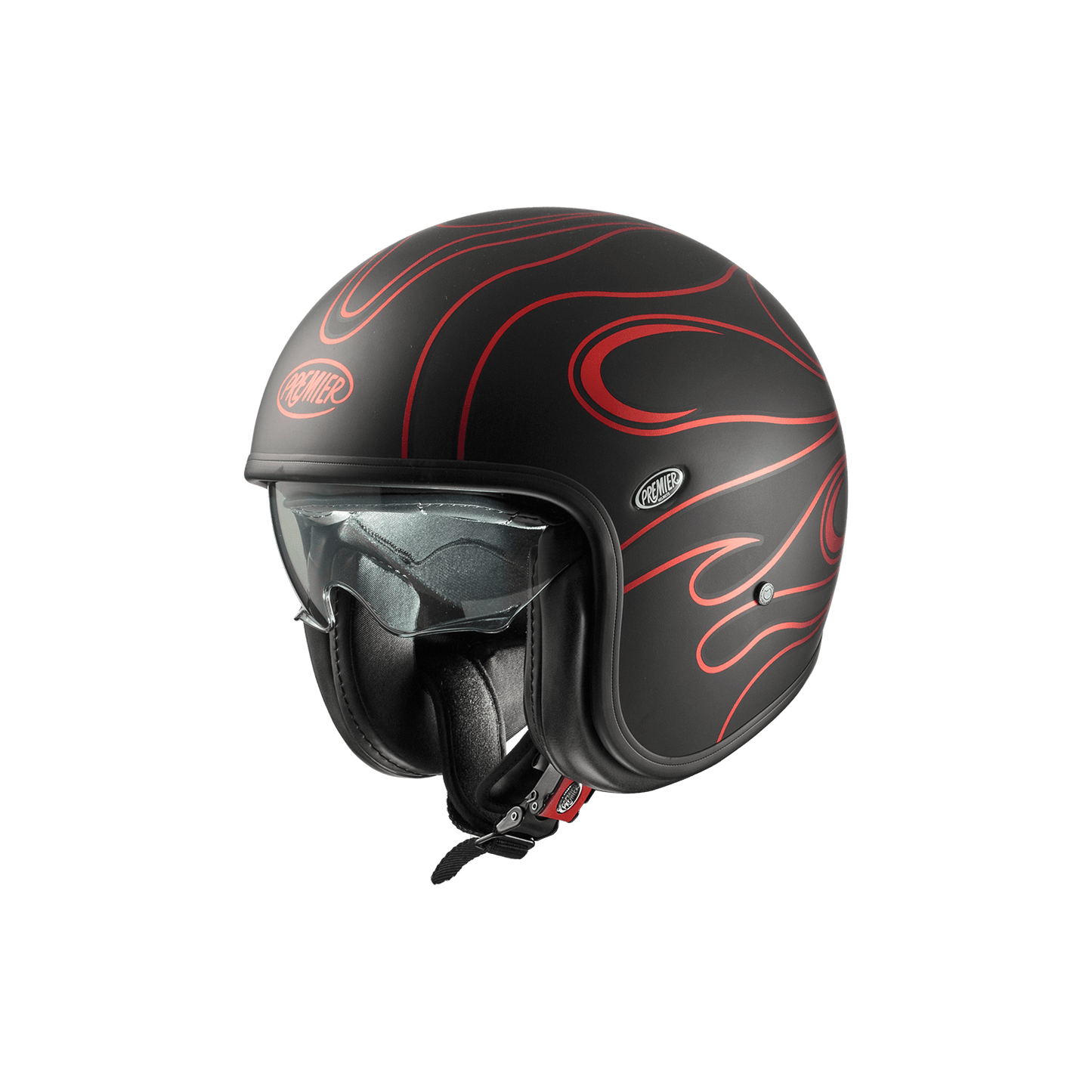 Premier Vintage FR helmet in matte black with red flame graphics and clear visor.