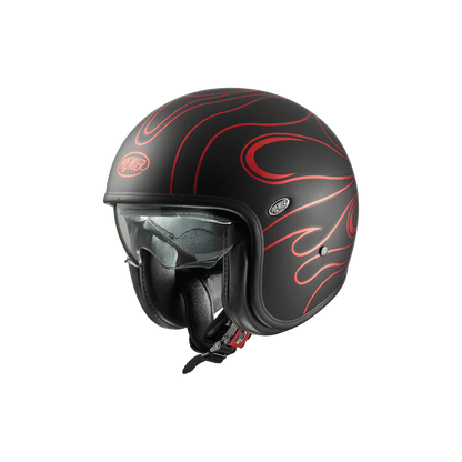 Premier Vintage FR helmet in matte black with red flame graphics and clear visor.