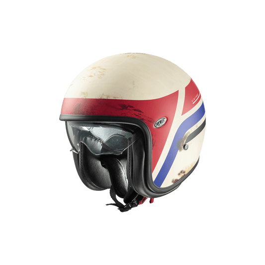 Premier Helmets Vintage K 8 BM helmet, cream with red and blue graphics.