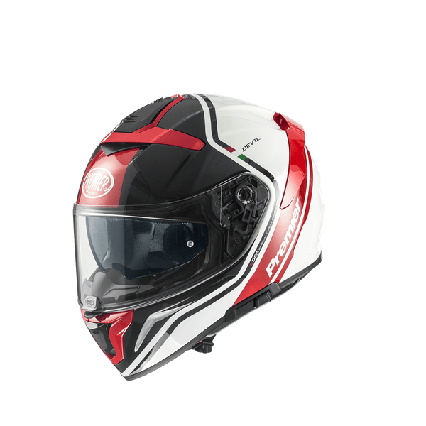 Premier Devil PH 2 motorcycle helmet in red, white and black with a clear visor

