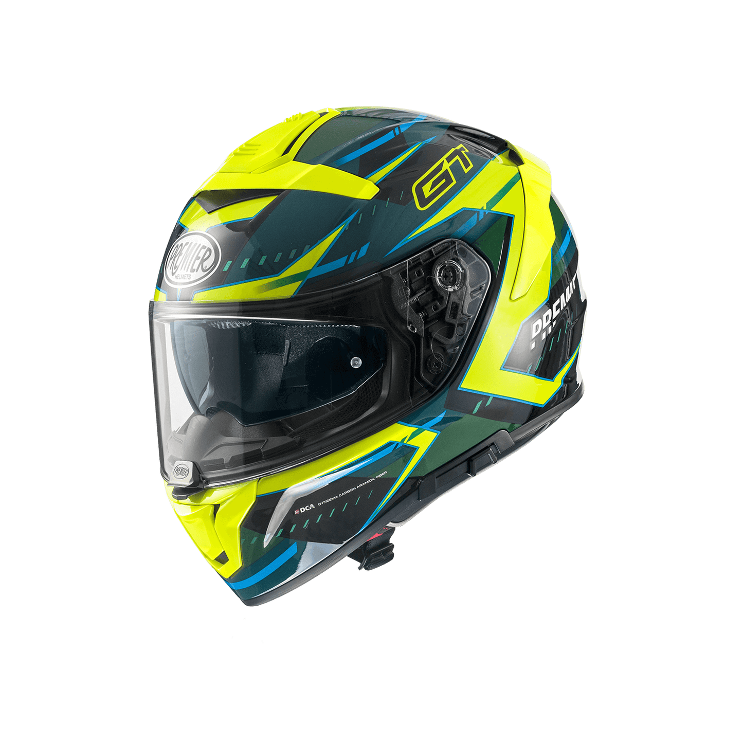 Premier Devil EV 6 full-face motorcycle helmet in neon yellow with blue and teal graphics and clear visor