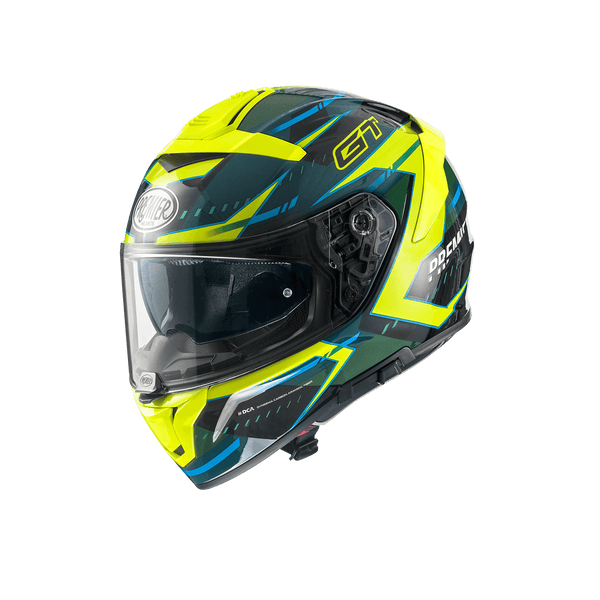 Premier Devil EV 6 full-face motorcycle helmet in neon yellow with blue and teal graphics and clear visor