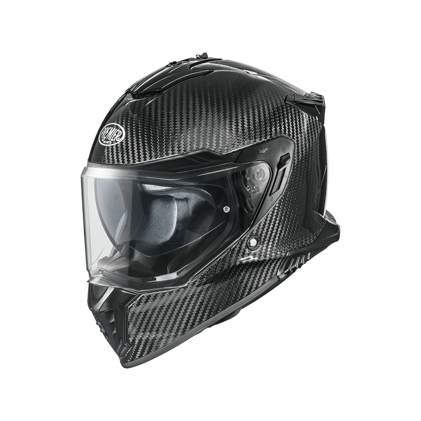 Premier StreetFighter Carbon helmet, black carbon-fiber shell with clear visor.