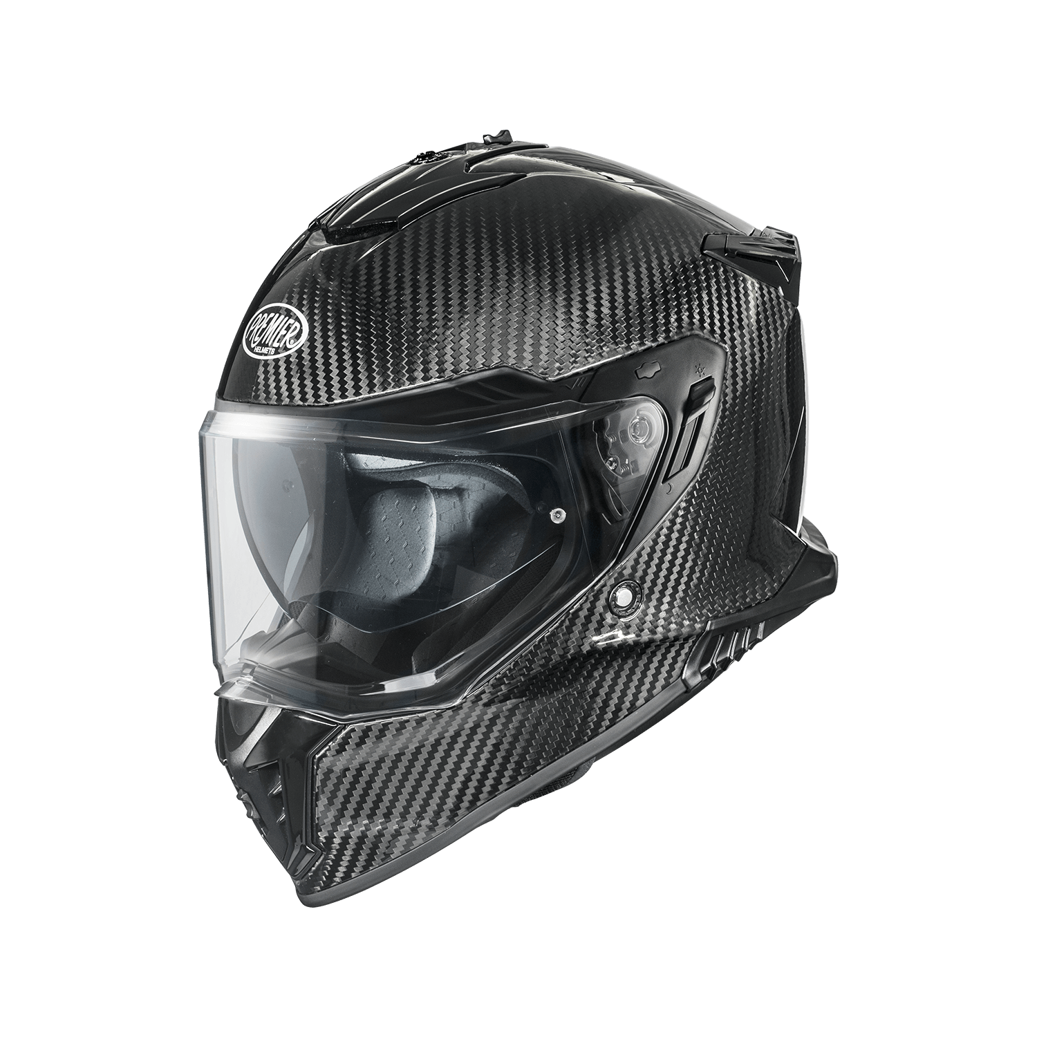 Premier StreetFighter Carbon helmet, black carbon-fiber shell with clear visor.