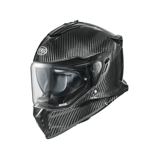 Premier StreetFighter Carbon helmet, black carbon-fiber shell with clear visor.