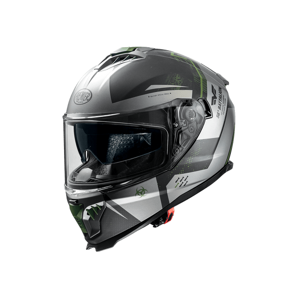 Premier Typhoon BA MILY BM helmet with silver shell, green accents, and clear visor