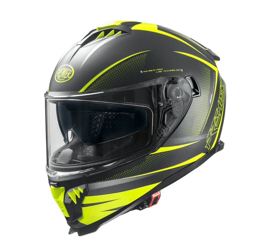 Premier Typhoon FR Y9 BM full-face motorcycle helmet with black base and neon yellow accents, clear visor.