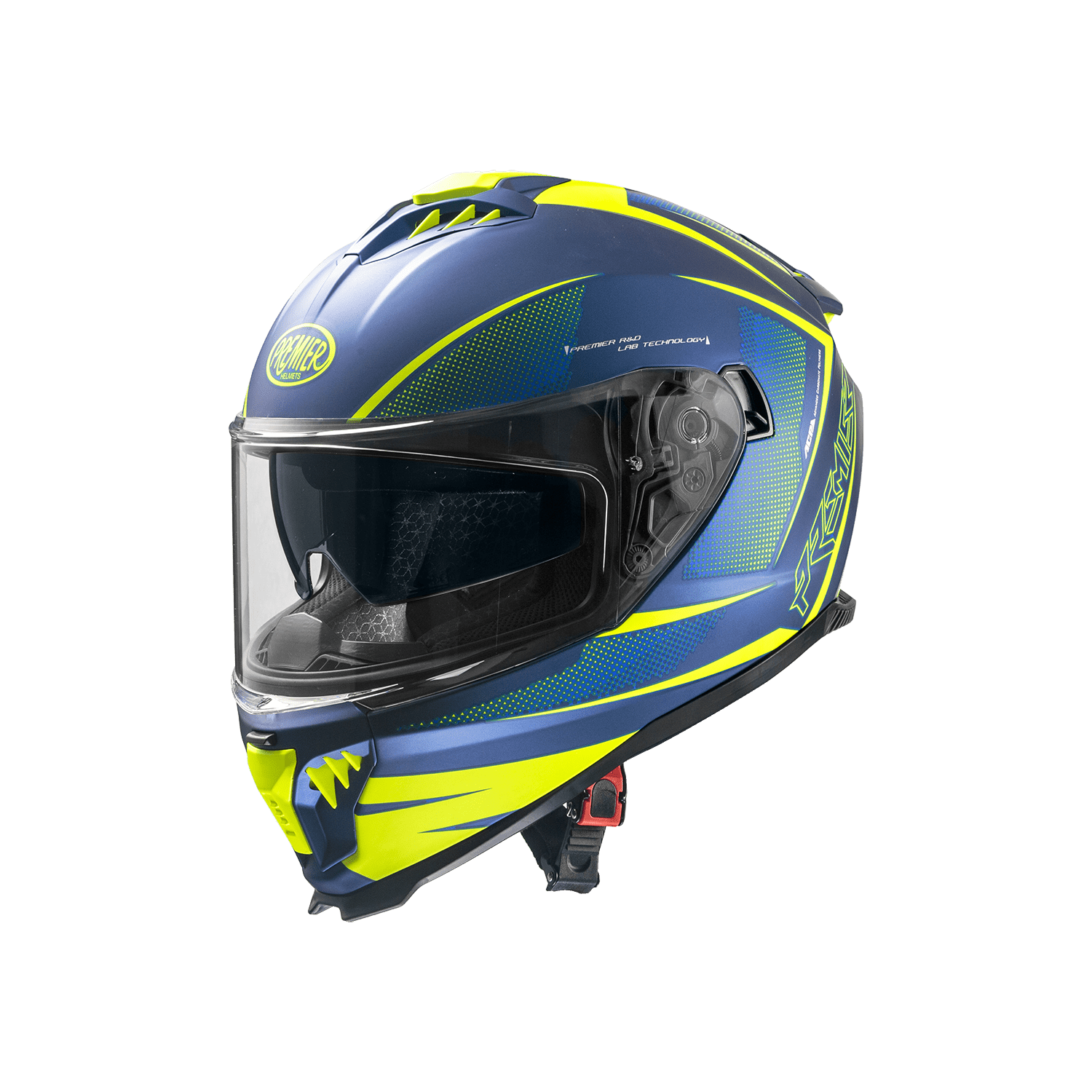 Premier Typhoon FR 12 BM helmet, blue with neon yellow graphics, full-face motorcycle helmet