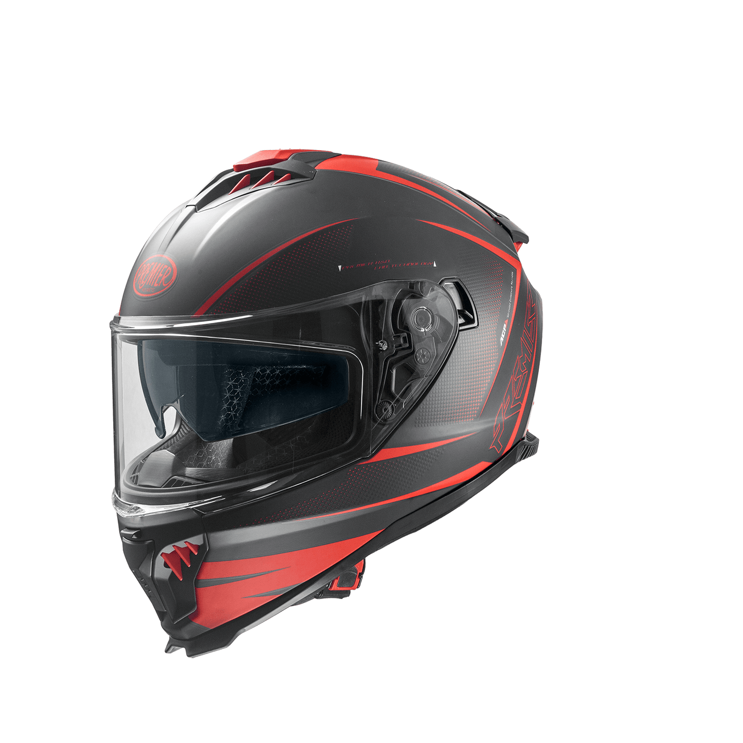Premier Typhoon RS 92 BM full-face helmet in matte gray with red accents and clear visor.